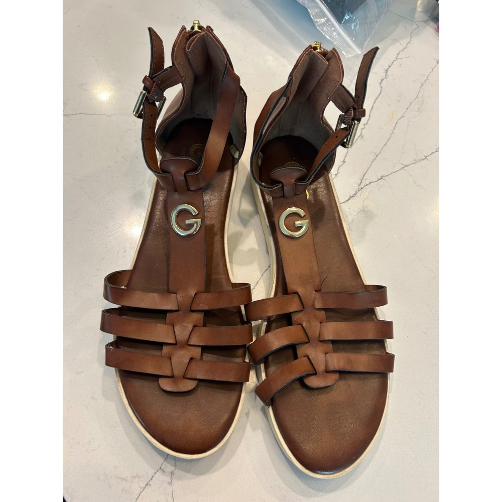 GBG Los Angeles Gladiator Sandals Brown Logo Strappy Platform Zip Up Womens 7.5M